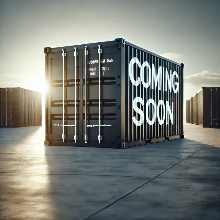 DALL·E 2025 03 20 11.53.51 A single shipping container in a yard with the words COMING SOON prominently displayed on it. The background is minimalistic and uncluttered with n 768x768
