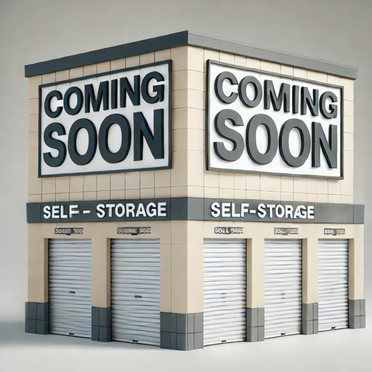 DALL·E 2025 03 20 12.00.26 A modern self storage building with the words COMING SOON prominently displayed on it. The building has multiple storage units with roll up doors s 768x768